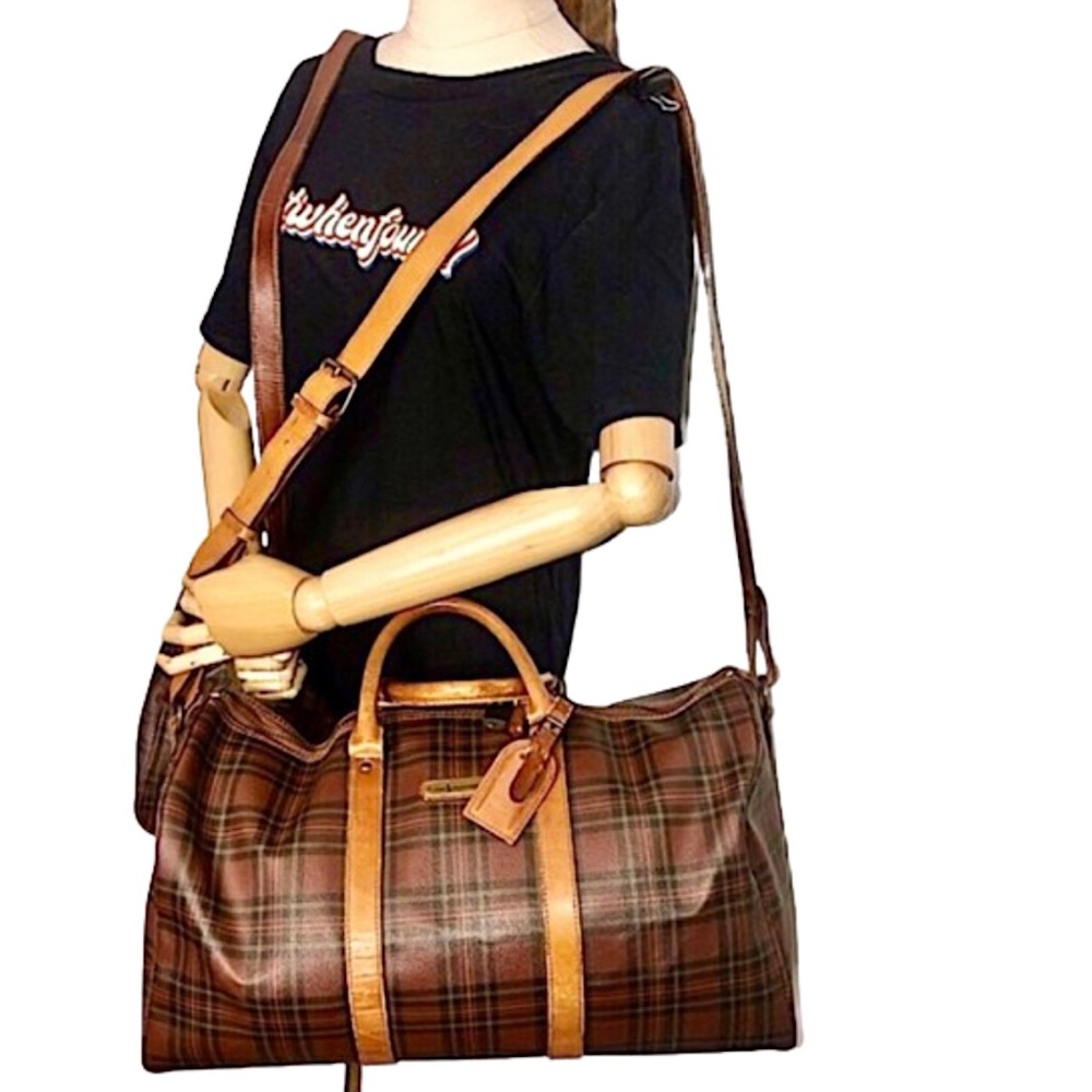 RALPH LAUREN Brown Green Tartan Plaid Boston Weekend Travel Duffle Bag Speedy
